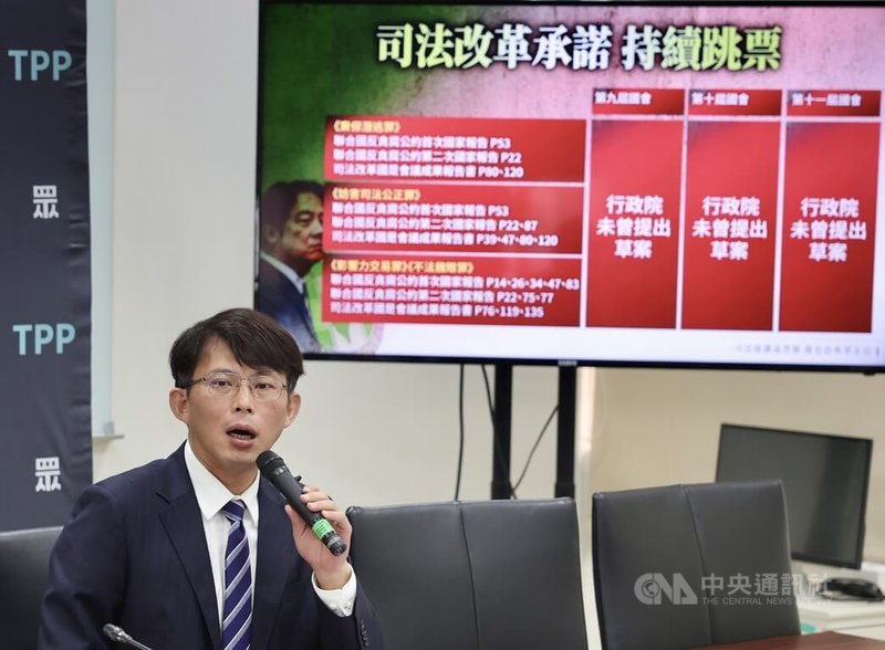 總統賴清德就職將滿1年。民眾黨立法院黨團6日舉行記者會,黨團總召黃國昌(圖)說,「司法改革」對民進黨政府來說太沉重,毫無改革、只有倒退;棄保潛逃罪、妨礙司法公正罪、不法關說罪更從2017年的司改國是會議一路跳票到現在。中央社記者王飛華攝 114年5月6日