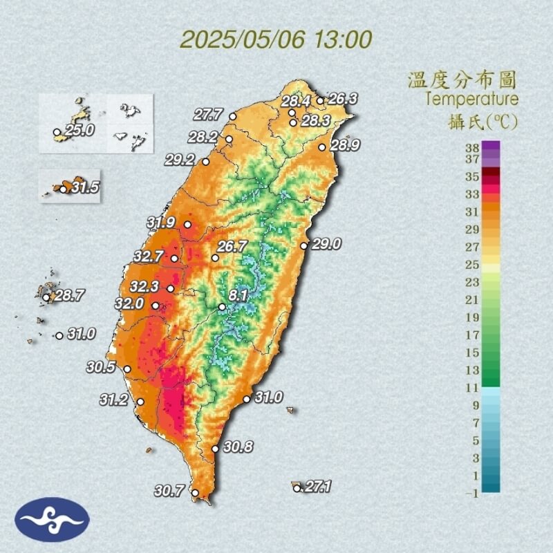 高雄市內門區6日下午1時氣溫達攝氏37.6度。(圖取自中央氣象署cwa.gov.tw)