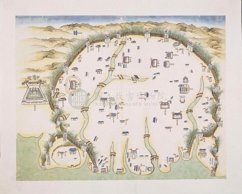 國立故宮博物院院藏「重修台郡各建築圖說」4月經文化部指定為重要古物,其為清代紙本彩繪圖文冊,多採「一圖一說」形式對照呈現。圖為「重修台郡各建築圖說」中的重建台灣郡城圖。(故宮提供)中央社記者王寶兒傳真 114年5月6日