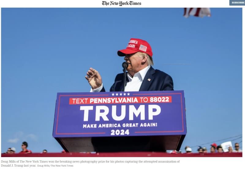 紐約時報攝影記者米爾斯拍下川普2024年在賓州巴特勒遇刺照片獲得普立茲獎的突發新聞攝影獎。(圖取自紐約時報官方網頁nytimes.com/)