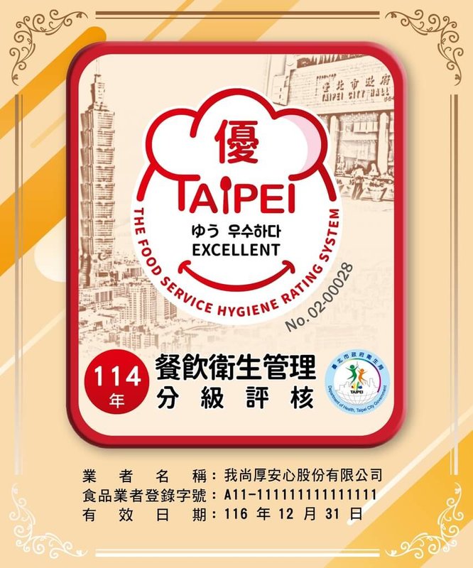 食安事件近年頻傳,台北市衛生局7日指出,民國112年起就超前部署,在觀光商圈推動「餐飲衛生管理分級輔導評核制度」,並首度設計核發使用中、英、日、韓等4種語言文字的認證標章,方便外籍旅客選擇衛生優良店家消費,迄今計有4494家業者取得「餐飲衛生管理分級優良標章」。(台北市衛生局提供)中央社記者楊淑閔傳真 114年5月7日