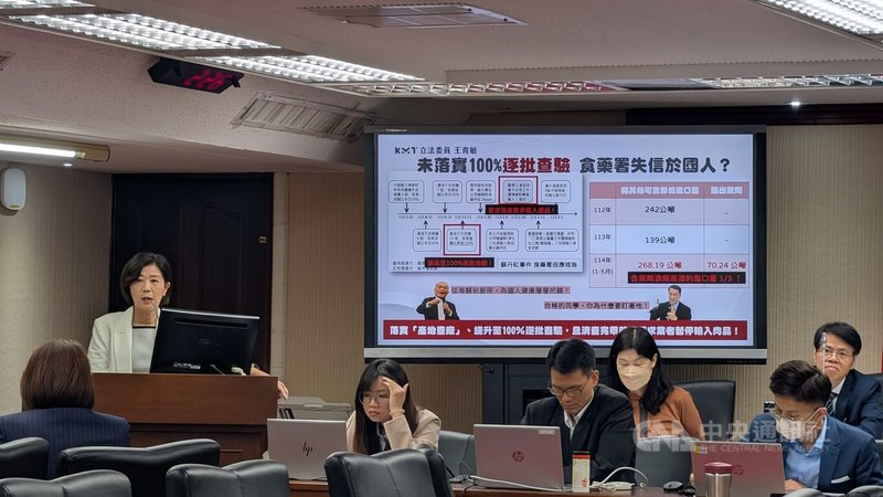 國民黨立委王育敏(左)8日質詢指出,根據民國109年行政院所頒布的「進口豬肉之全方位管理措施」,進口豬應逐批查驗,面對如今有豬肉驗出萊克多巴胺,要求衛福部恢復逐批抽驗。中央社記者曾以寧攝 114年5月8日