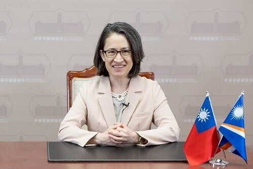 副總統蕭美琴9日以錄影方式為「馬紹爾群島共和國46週年憲法日慶祝酒會」致詞。（總統府提供）中央社記者吳書緯傳真 114年5月9日