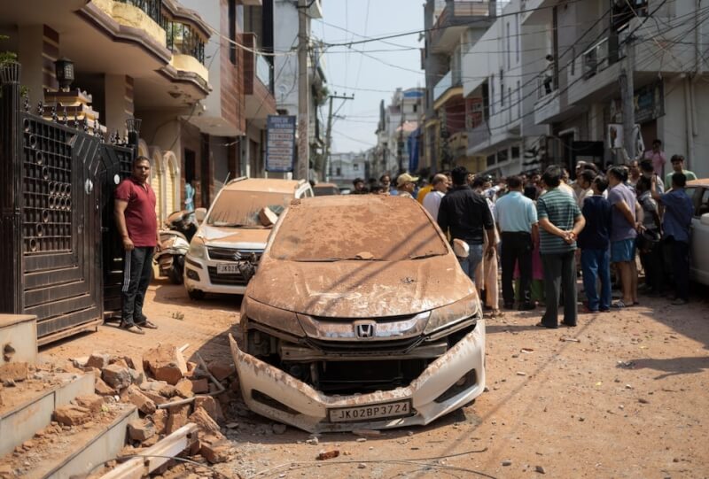 圖為10日巴基斯坦對印度發動攻擊,印度查摩地區民眾站在毀損車輛旁。(路透社)