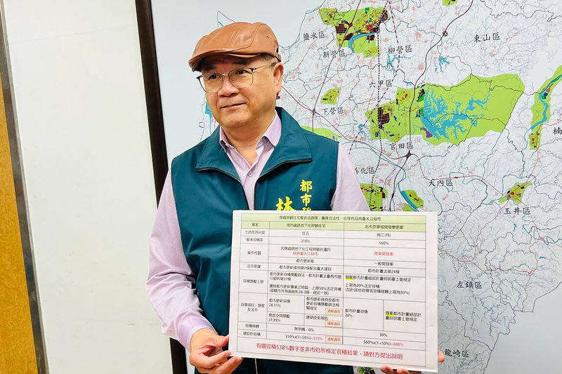 前台北市長柯文哲妻子陳佩琪發文質疑台南鐵路地下化照顧宅容積率,台南市都發局長林榮川(圖)12日召開說明會說明,指陳佩琪拿商業開發案來對比是惡意扭曲。(台南市政府提供)中央社記者楊思瑞台南傳真 114年5月12日
