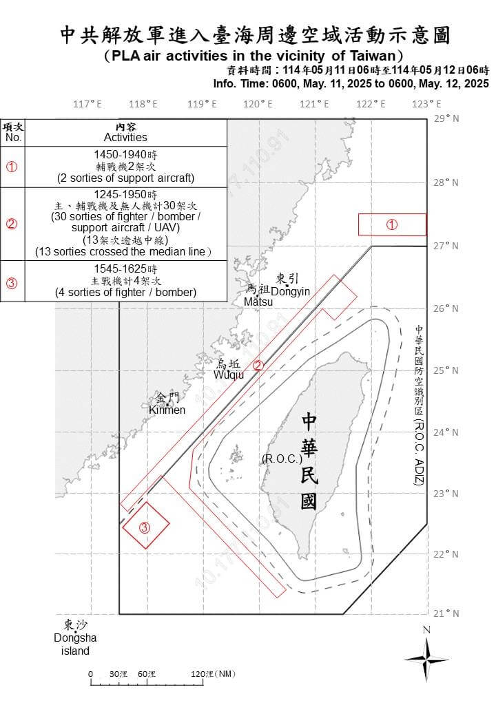 11日上午6時至12上午6時,國防部偵獲共機36架次。(圖取自國防部網頁mnd.gov.tw)