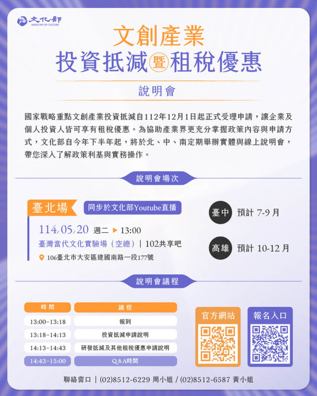 「文化創意產業發展法」修法通過後,增加投資國家戰略重點文創產業的租稅優惠,且影視音內容開發、產製和流通亦納適用範圍。(文化部提供)中央社記者葉冠吟傳真 114年5月12日