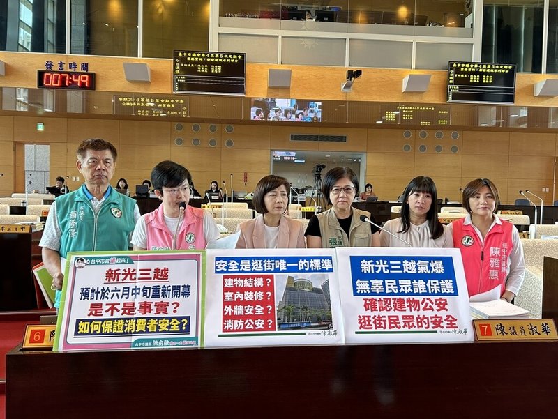 新光三越台中中港店2月13日發生氣爆,目前進行內外部整建計畫,坊間傳出將在6月恢復營業。民進黨台中市議員蕭隆澤(左起)、陳俞融、陳淑華、張芬郁、謝家宜、陳雅惠13日質詢關心。(市議員陳俞融提供)中央社記者趙麗妍傳真 114年5月13日