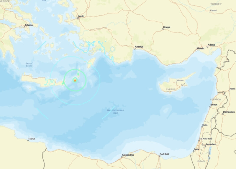 希臘克里特島14日發生規模6.3地震。(圖取自美國地質研究所網頁earthquake.usgs.gov)