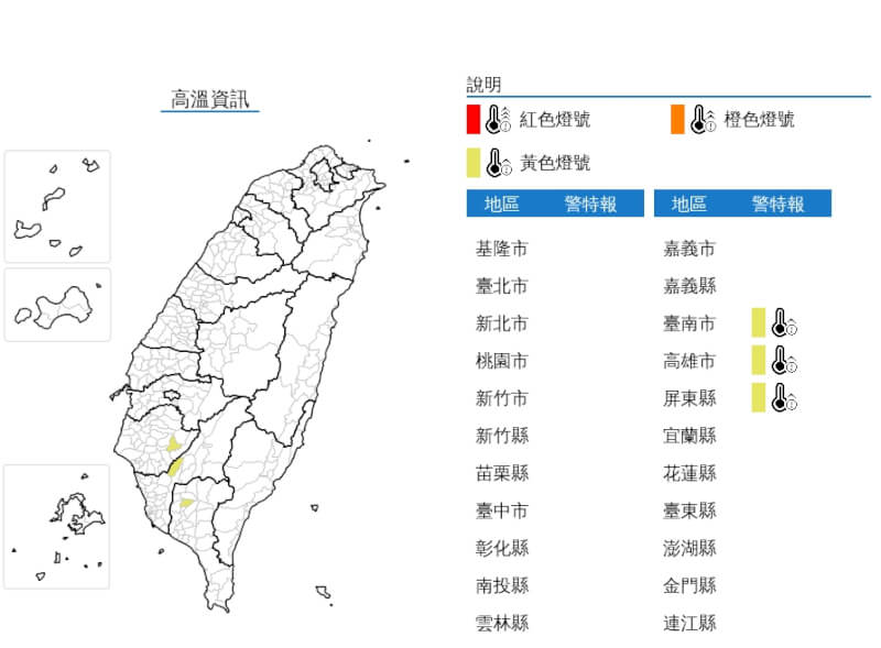 天氣高溫炎熱,14日中午前後台南市、高雄市、屏東縣為黃色燈號,預估氣溫達攝氏36度以上。(圖取自中央氣象署網頁cwa.gov.tw)