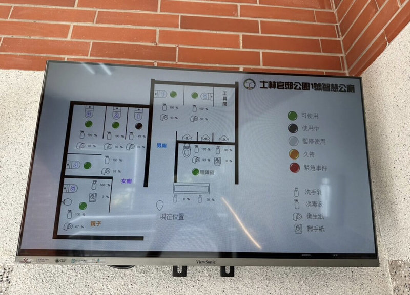 台北市政府工務局表示,公園處持續推動公廁2.0計畫,士林官邸1號固定公廁改造完成,結合科技以面板呈現衛生紙、擦手紙、洗手乳、消毒液等使用情形。(台北市工務局提供)中央社記者楊淑閔傳真 114年5月18日