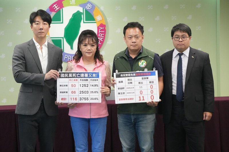 民進黨發言人吳崢(左起)、南投縣議員陳玉鈴、蔡銘軒、律師黃帝穎19日召開記者會。(民進黨提供)中央社記者葉素萍傳真 114年5月19日