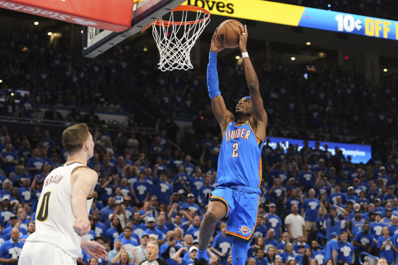 NBA雷霆主將亞歷山大(右)18日全場攻下35分,率隊以125比93擊敗金塊,晉級西區冠軍賽。(美聯社)