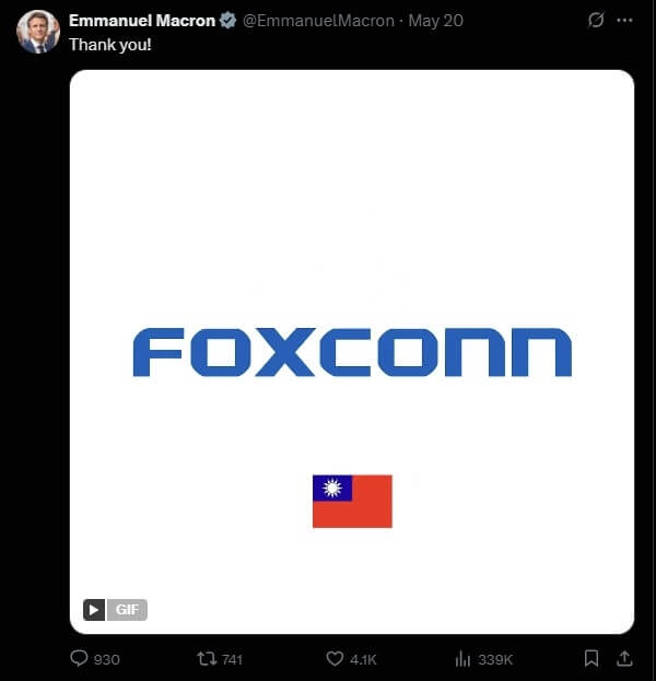 鴻海宣布將與法國國防大廠泰雷茲等設立合資公司,投入半導體先進封裝。法國總統馬克宏20日在社群媒體點名致謝,並放上中華民國國旗。(圖取自x.com/EmmanuelMacron)