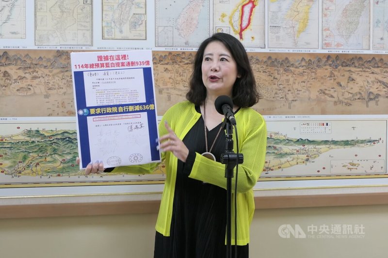 立法院刪凍114年中央政府總預算，要求行政院自行刪減新台幣636億餘元。行政院認為窒礙難行，已決定統刪中央給各縣市一般性補助款25%，引發在野黨抨擊。民進黨立法院黨團幹事長吳思瑤（圖）22日拿出在野黨當初的提案表示，冤有頭，債有主，一切惡源是在野黨提案。中央社記者林敬殷攝  114年5月22日