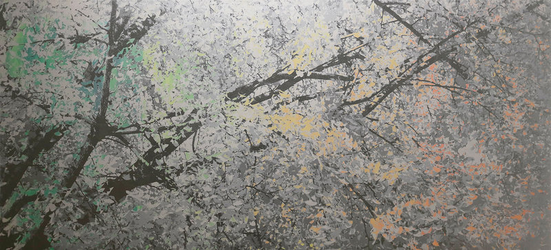 日本藝術家能條雅由31日起將於誠品畫廊推出個展,圖為展出作品之一「海市蜃樓」系列,他以自己拍攝的風景照為基礎,選用與畫面色調相符的顏料創作出大理石紋理的底層,再以絲網印刷結合銀箔、鋁箔等材料,重新建構出圖像。(誠品畫廊提供)中央社記者王寶兒傳真 114年5月23日