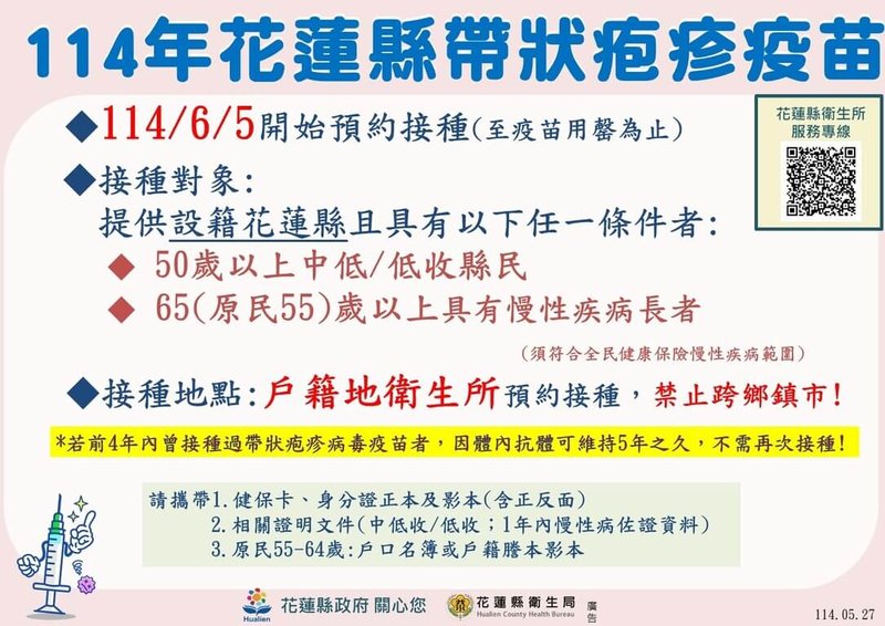 花蓮縣政府6月5日起開放帶狀疱疹疫苗預約接種,提供設籍花蓮縣50歲以上中低/低收縣民、65(原民55)歲以上慢性病長者,免費接種2劑帶狀疱疹疫苗。(花蓮縣衛生局提供)中央社記者李先鳳傳真 114年5月29日