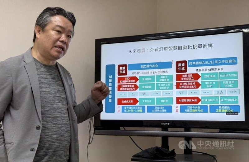 意碩整合行銷公司執行長蔡建郎帶領團隊獲數位發展部推動的「產業AI(人工智慧)落地實證與擴散」補助,主導開發「AI SEO智貿通」系統介面。中央社記者李宗憲攝 114年5月29日
