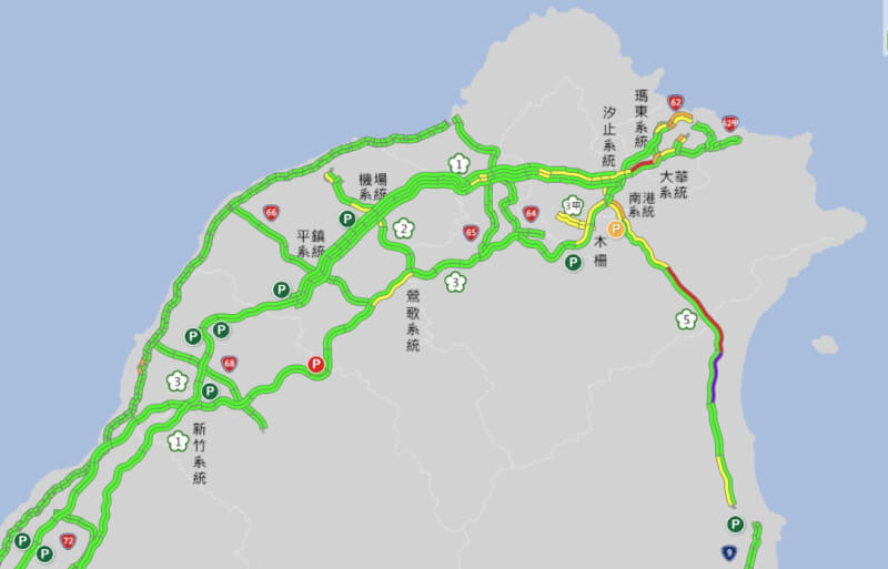 端午連假第2天,截至晚間7時05分,國5北向宜蘭至頭城路網,呈現車速20公里以下紫色,時速僅14公里。(圖取自1968網頁1968.freeway.gov.tw)