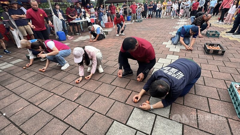 台東縣鹿野鄉永安聖安宮31日舉辦立蛋比賽,民進黨立委莊瑞雄(前右1)等到場參加。中央社記者盧太城台東攝 114年5月31日