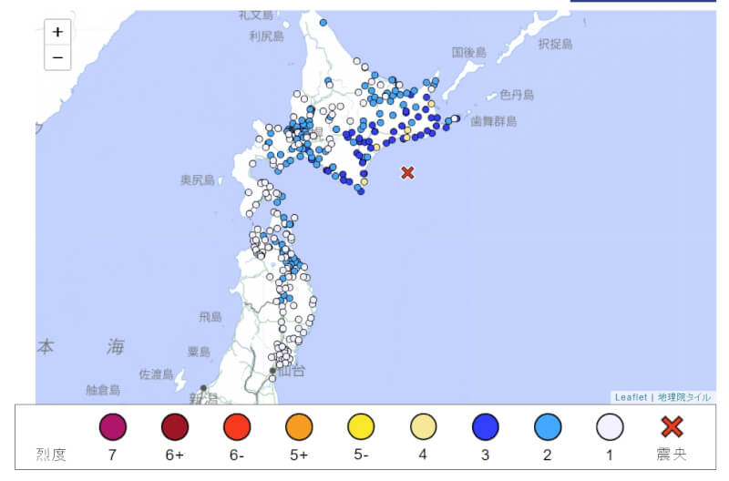 北海道近海31日下午5時37分左右偵測到規模6.1地震,震央位於釧路近海。(圖取自日本氣象廳網頁data.jma.go.jp)