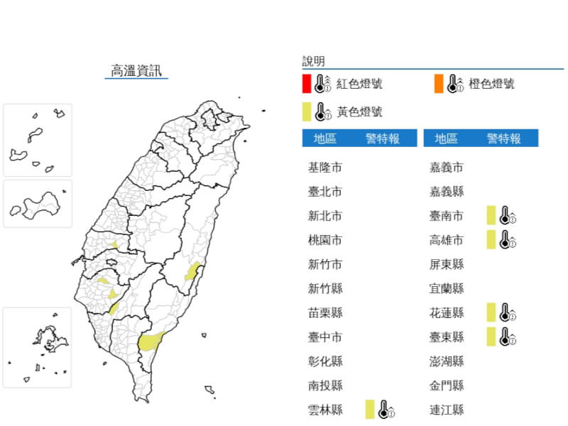 1日下午天氣炎熱,雲林縣、台南市、高雄市、花蓮縣、台東縣發布高溫黃色燈號。(圖取自氣象署網頁cwa.gov.tw)