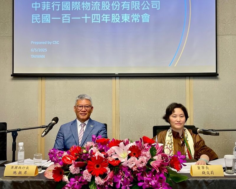 貨運承攬業者中菲行5日召開股東常會,通過配發現金股利每股新台幣5.2元。圖為執行長施振昇(左)、董事長錢文莉(右)。(中菲行提供)中央社記者吳家豪傳真 114年6月5日