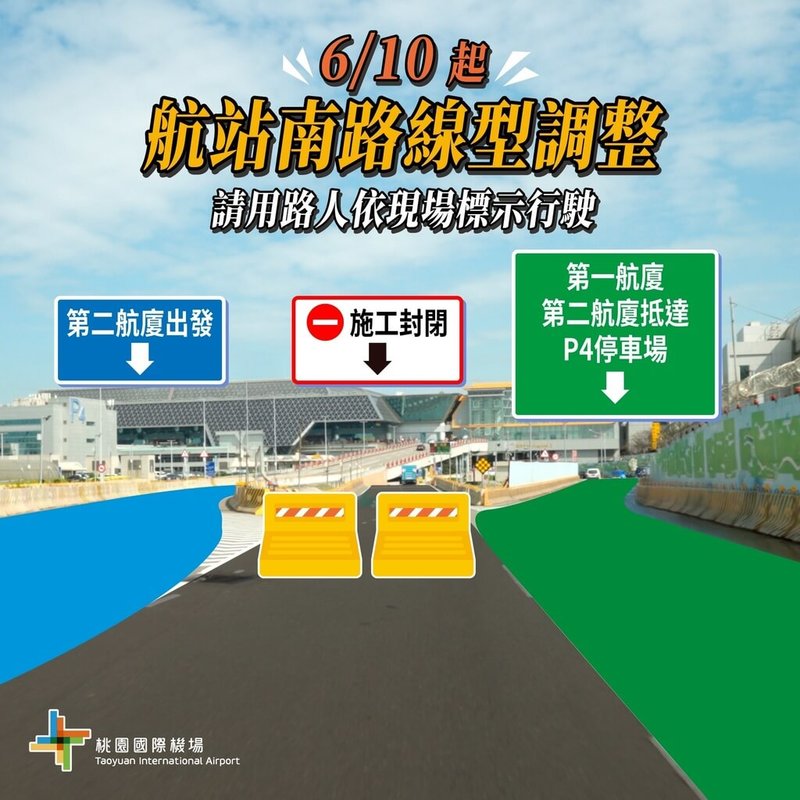 桃園國際機場旁航站南路配合第3航廈施工,10日起進行線型調整,原有中間車道將封閉施工。(機場公司提供)中央社記者葉臻傳真 114年6月6日