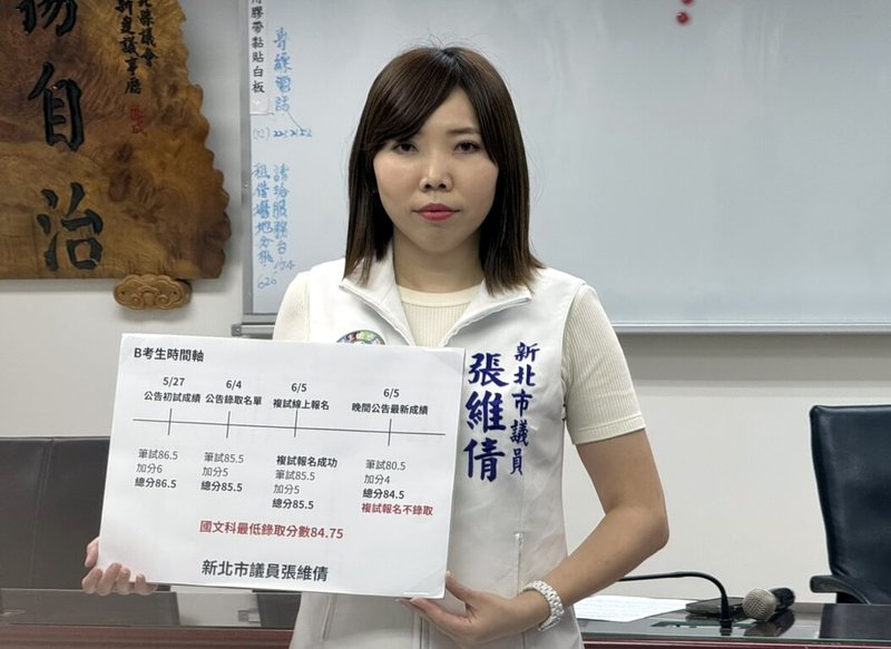 民進黨新北市議員張維倩(圖)7日下午在市議會開記者會表示,接獲新北國中教師聯合甄試考生陳情,指稱成績與加分公告遭篡改。對此,教育局致歉表示,系統錯誤計分已比對核實,初試增額錄取7人。(張維倩辦公室提供)中央社記者黃旭昇新北傳真 114年6月7日