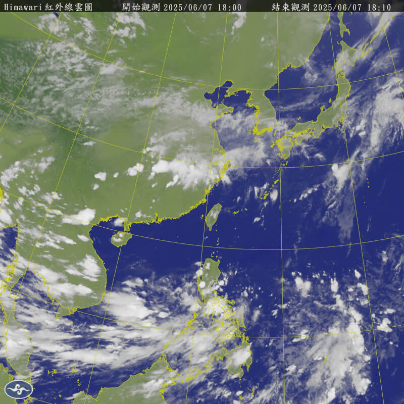 圖為7日晚間6時衛星雲圖。(圖取自中央氣象署網頁cwa.gov.tw)