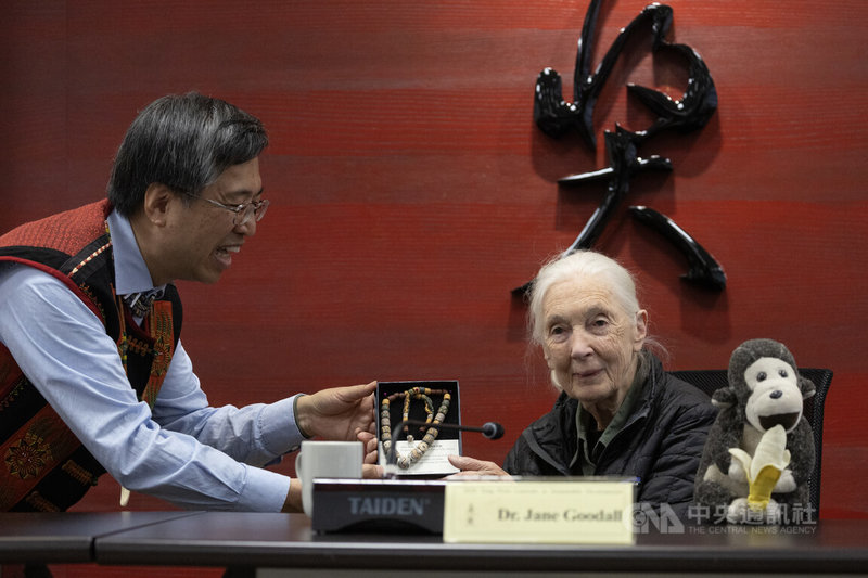 2020年唐獎永續發展獎得主、國際知名保育專家珍古德(Jane Goodall)(右)9日在唐獎教育基金會接受媒體聯訪,唐獎教育基金會執行長陳振川(左)致贈禮品。中央社記者趙世勳攝 114年6月9日