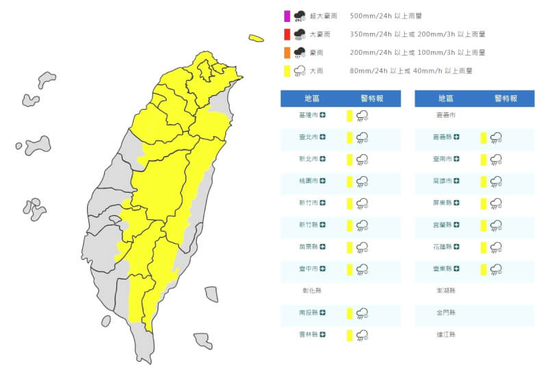 中央氣象署9日下午針對17縣市發布大雨特報。(圖取自氣象署網頁www.cwa.gov.tw)