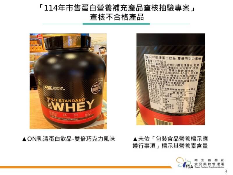 「ON乳清蛋白飲品-雙倍巧克力風味」外包裝未標示營養素含量,遭北市衛生局依違反食品安全衛生管理法裁處4萬元罰鍰。(食藥署提供)