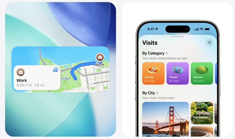 Apple地圖可幫助使用者記得去過的地方,也可在返家或前往辦公室時顯示偏好路線。(圖取自蘋果網頁apple.com)