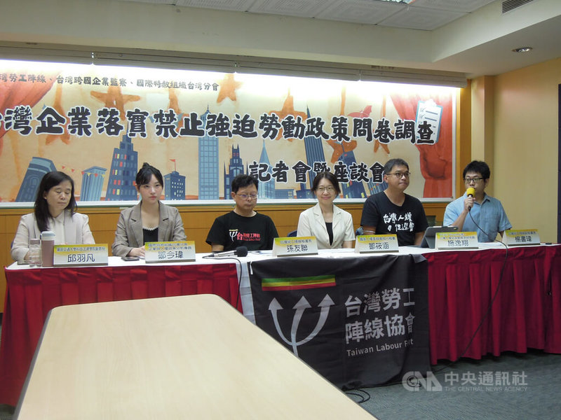 台灣勞工陣線與國家人權委員會合作,以經濟部網站公告的「實收資本額500大企業」為對象,扣除金融控股公司與資產投資公司等非生產型法人機構後,進行「台灣企業落實禁止強迫勞動政策」問卷調查,11日舉辦記者會說明調查結果。中央社記者吳欣紜攝 114年6月11日