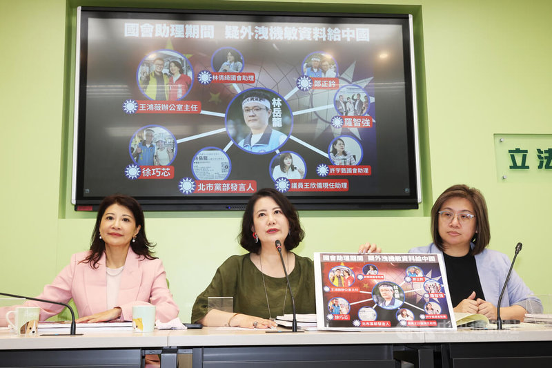 台北地檢署偵辦國民黨台北市議員王欣儀兼職小編林岳龍等人涉共諜案,諭令林男以新台幣10萬元交保,並限制出境、出海。民進黨立法院黨團幹事長吳思瑤(中)、副幹事長林楚茵(左)與書記長陳培瑜(右)11日上午舉行記者會,質疑林岳龍任職國會助理期間,疑外洩機敏資料給中國。中央社記者趙世勳攝 114年6月11日