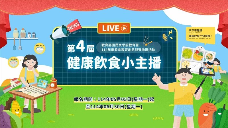 為提升學生對校園飲食、食安教育與健康飲食的認識,教育部11日發布新聞稿,說明第4屆健康飲食小主播徵選方式,鼓勵學生以新聞播報的方式說明挑選考量,將營養知識深化應用。(教育部提供)中央社記者陳至中台北傳真 114年6月11日