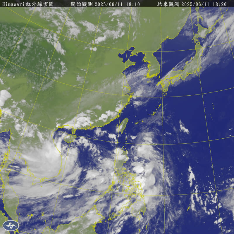 圖為氣象署公布11日下午6時10分紅外線雲圖。(圖取自氣象署網頁cwa.gov.tw)