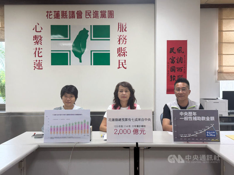 花蓮縣議會民進黨團12日舉行記者會,黨團總召張美慧(中)、書記長林則葹(左)及幹事長胡仁順(右)指出,國民黨立法院黨團總召傅崐萁在中央大砍預算,導致地方受影響,冤有頭債有主,呼籲傅氏夫妻不要再情勒花蓮縣民。中央社記者張祈攝 114年6月12日