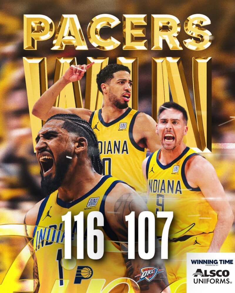 美國職籃NBA總冠軍系列賽11日進行第3戰，印第安納溜馬以116比107擊敗對手奧克拉荷馬雷霆。（圖取自x.com/Pacers）