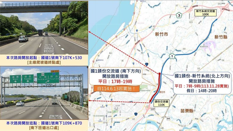 為改善國道1號南下頭份路段下班時段壅塞、車流回堵,交通部高速公路局中區養護工程分局13日起實施平日開放路肩2小時,下午5時到7時開放區段為107K+530至109K+870以銜接頭份南向出口匝道。(苗栗縣政府提供)中央社記者管瑞平傳真 114年6月13日
