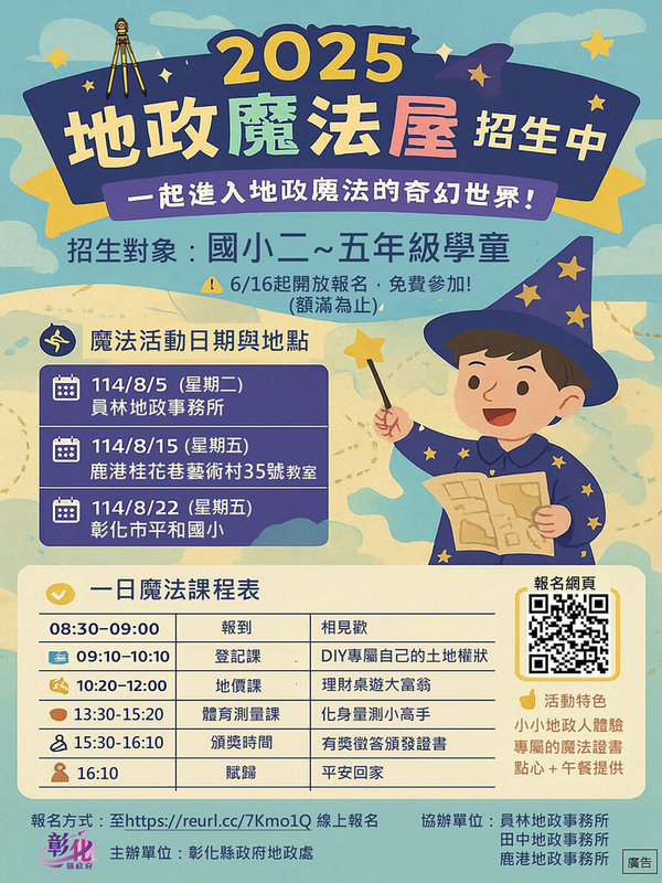 彰化縣政府地政處8月將舉行3梯次地政魔法屋夏令營,開放國小2至5年級學生免費參加,藉由DIY、遊戲互動等寓教於樂方式,讓孩子從中認識土地、學習地政知識,6月16日起開放線上報名。(彰化縣政府提供)中央社記者鄭維真傳真 114年6月14日