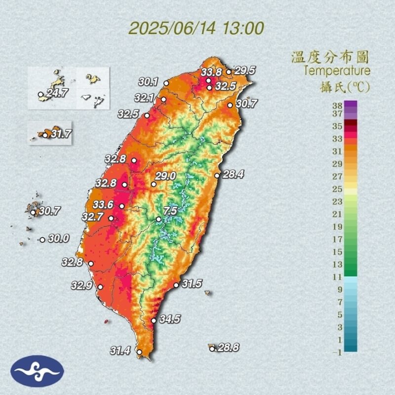 中央氣象署14日下午發布高溫資訊,台東縣已有焚風發生,中午前後台北市、新北市、雲林縣、台東縣為黃色燈號。(圖取自氣象署網頁cwa.gov.tw)