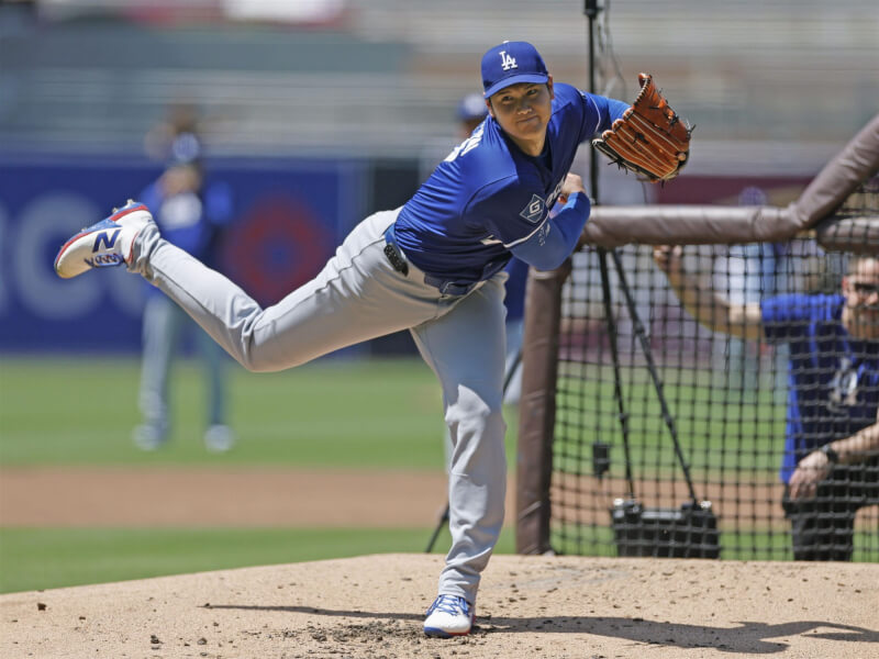 MLB洛杉磯道奇球星大谷翔平16日先發主投對戰聖地牙哥教士。圖為大谷10日實戰投打練習畫面。(共同社)