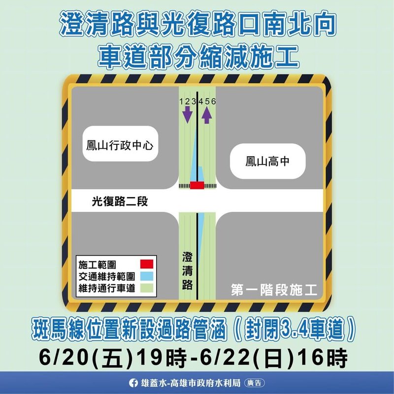 高市鳳山區澄清路與光復路口20日至22日將進行排水改善工程,將分段局部縮減道路及進行車道管制,籲民眾減速通行。(高雄市水利局提供)中央社記者蔡孟妤傳真 114年6月17日