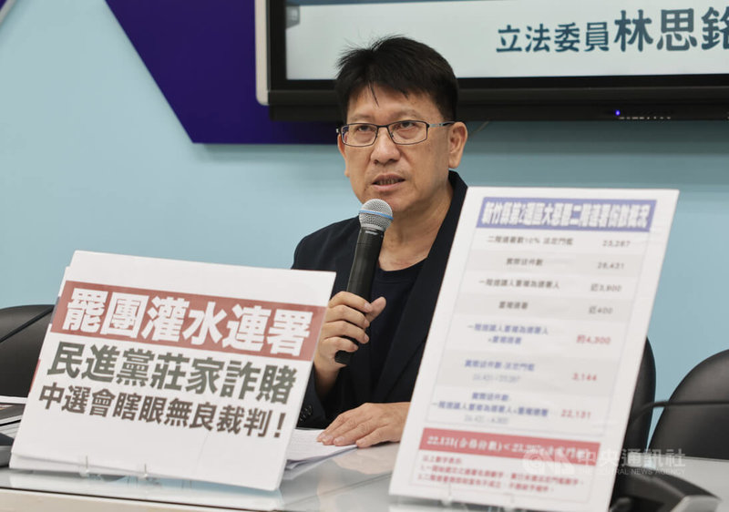 國民黨新竹縣立委林思銘(圖)19日在記者會表示,罷團明知根據選罷法規定,第一階段簽署的提議人不得再為第二階段的連署人,卻刻意重複混入湊數,在此情況下,罷免案即已不符合法定要見,中選會應依法宣告罷免案不成立。中央社記者裴禛攝 114年6月19日