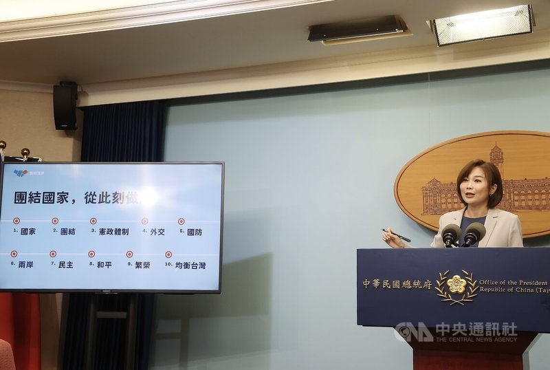 總統府發言人郭雅慧(圖)21日在總統府召開記者會表示,總統賴清德22日啟動「團結台灣十講」,十場主軸分別為國家、團結、憲政體制、國防、外交、兩岸、民主、和平、繁榮、均衡台灣。中央社記者郭日曉攝 114年6月21日