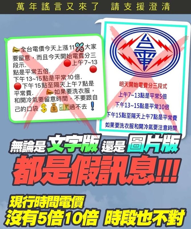 網傳電價將改成3時段差別收費,台電澄清此為假消息,一般家戶用電計費只看用電量,無關時段,一天任何時間用電價格都一樣。(台電提供)中央社記者曾智怡傳真 114年6月21日