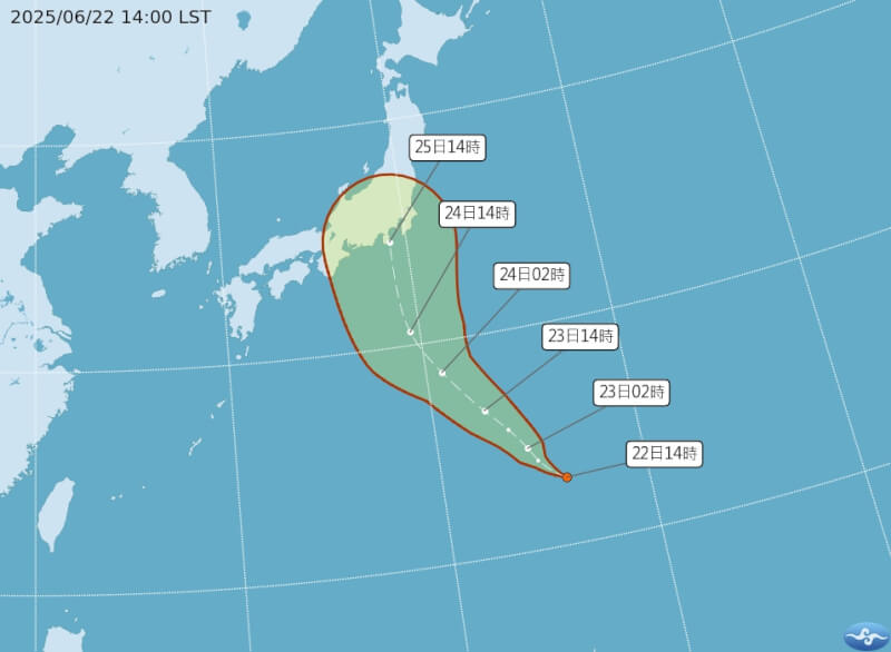 硫磺島附近的熱帶性低氣壓將有機會增強為今年第2號颱風聖帕,圖為氣象署公布潛勢預報圖。(圖取自氣象署網頁cwa.gov.tw)