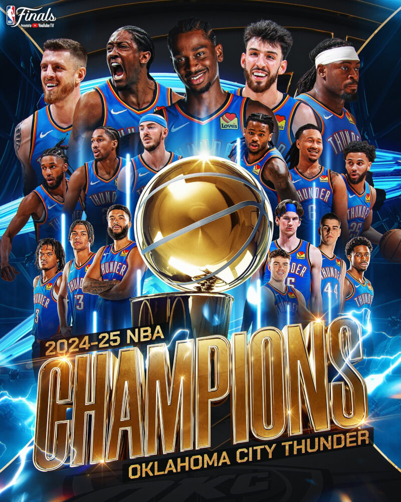 NBA奧克拉荷馬雷霆22日在主場擊敗印第安納溜馬,獲得總冠軍。(圖取自x.com/nba)